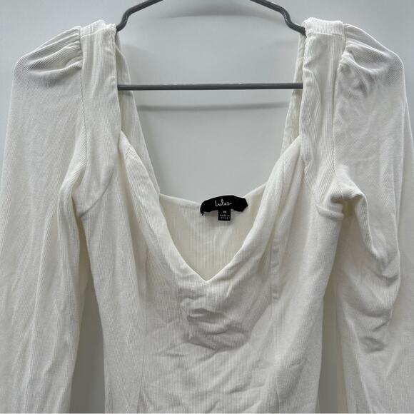 Lulus White‎ Ribbed Long Sleeve V Neck Thong Snap Bodysuit Size M - Picture 2 of 11